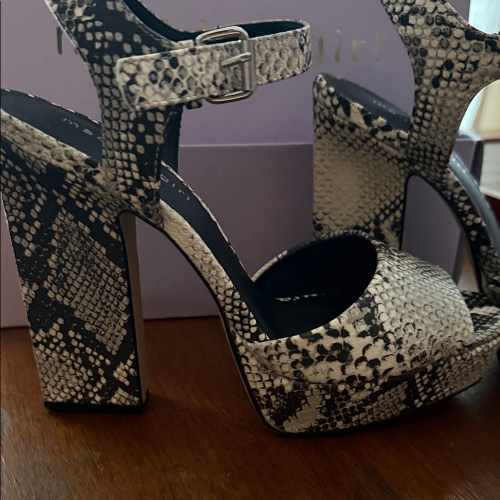 Madden Girl Black and Beige Snake-Print Platform Sandals - Picture 2 of 4